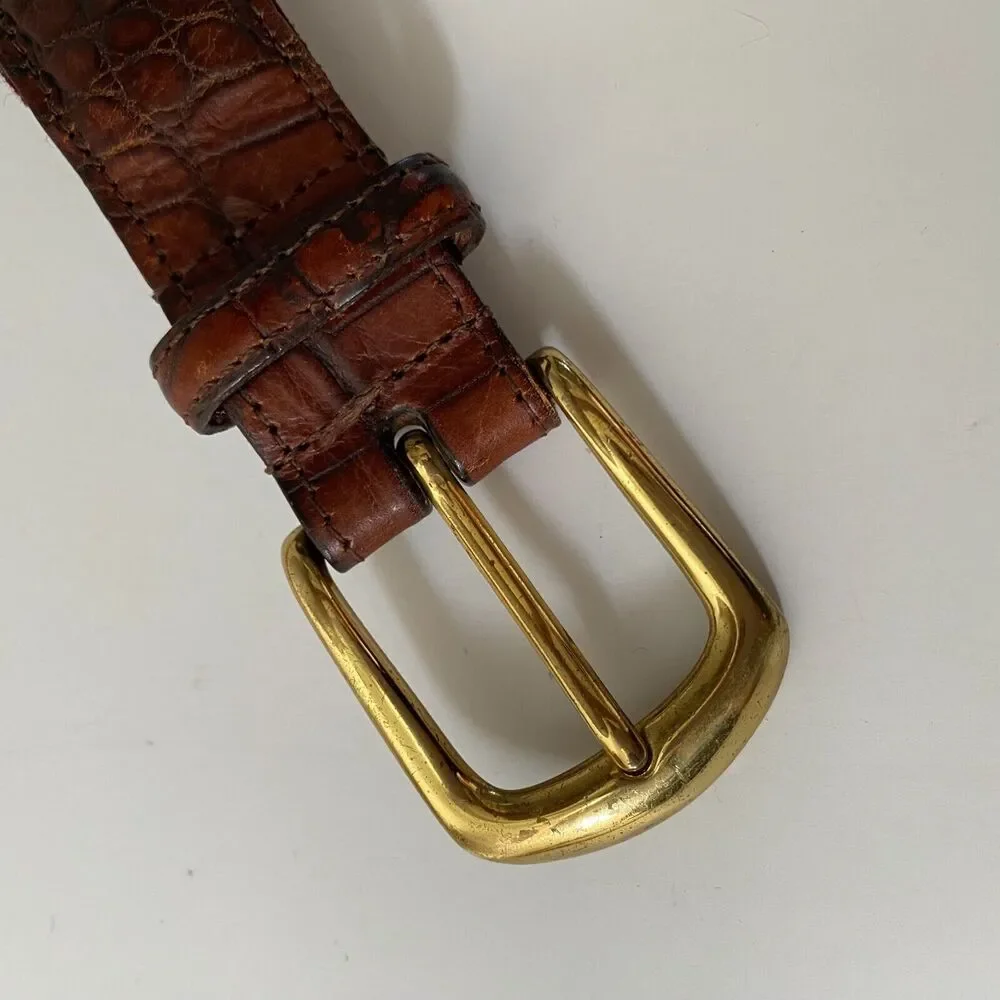 Men's Belt Burgundy Red Classic Canvas & Brown Leather Siz 34 Solid Brass Buckle